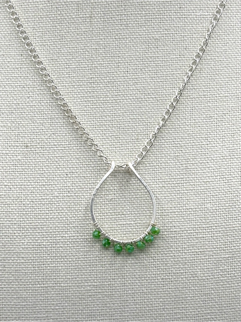 Hand Crafted Silver Ring Holder Teardrop Necklace with Green Beads